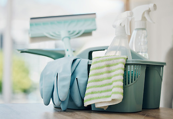 Image showing Cleaning supplies, product and chemical spray with cloth and gloves, household maintenance and service. Closeup of cleaner tools in basket, janitor equipment and disinfectant with sanitizer detergent