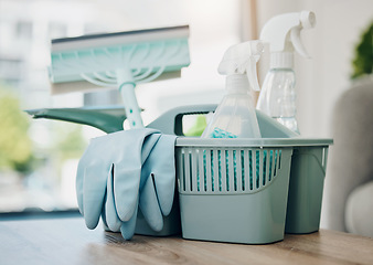 Image showing Cleaning supplies, chemical spray with cloth and gloves, household maintenance product and service. Closeup of cleaner tools in basket, janitor equipment and disinfectant with sanitizer detergent