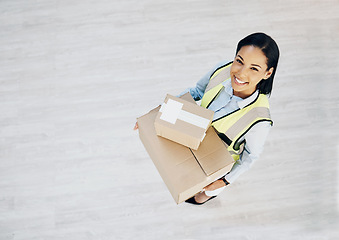 Image showing Boxes, delivery and portrait of courier woman for logistics, cargo or shipping industry. Above happy female worker with cardboard box or package from supply chain for distribution service mockup