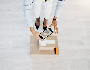 Image showing Delivery, phone and picture with hands of woman and box for shipping, ecommerce product and small business. Supply chain, package and distribution with closeup of employee and mobile photo for cargo