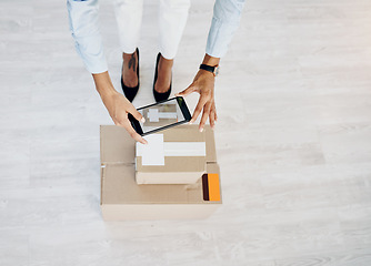 Image showing Delivery, phone and package with hands of woman and box for shipping, ecommerce product and small business. Supply chain, picture and distribution with closeup of employee and mobile photo for cargo