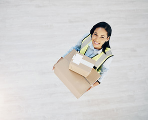 Image showing Delivery, boxes and portrait of courier woman from above for logistics, cargo or shipping industry. Happy female worker with cardboard box or package from supply chain for distribution service mockup