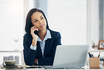 Image showing Phone call, thinking and business woman for office communication, decision or listening in HR management. Ideas, virtual feedback and human resources worker or person on mobile for job opportunity