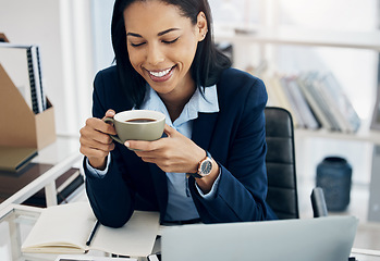 Image showing Office, coffee break and business woman with inspiration, ideas and happy planning, HR goals or productivity. Drink, tea and calm corporate person in Human Resources working or thinking at her desk