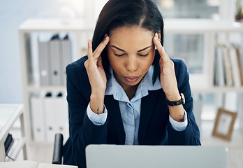 Image showing Headache, stress and business woman in office for HR report, online mistake or payroll problem on computer. Tired, frustrated of Human Resources employee or person, mental health risk or budget fail