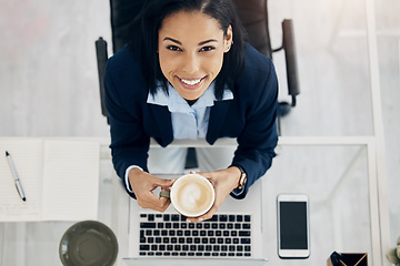 Image showing Laptop, coffee and portrait of business woman above for inspiration, ideas and happy planning in HR career or job. Drink, latte and corporate person in Human Resources working on computer at her desk