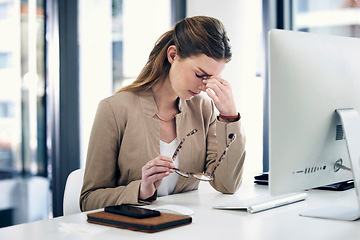 Image showing Stress, headache and woman in business, working at computer, desk with pain or corporate office of lawyer. Exhausted, burnout and anxiety in legal, law firm or employee frustrated with mistake