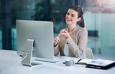 Image showing Call center, computer or happy woman in telecom, CRM or telemarketing office for customer services. Pc monitor, smile or friendly female sales agent in IT or tech support help desk for consulting