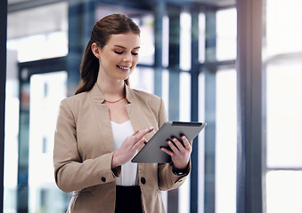 Image showing Research, happy or businesswoman with tablet networking or searching for email or post in office. Digital agency, tech startup or social media manager typing online or planning schedule with smile