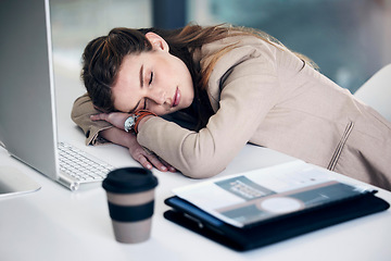 Image showing Tired business woman, sleeping and burnout, stress or mental breakdown on office desk. Exhausted female person or employee resting head on table in depression, anxiety or overworked at the workplace