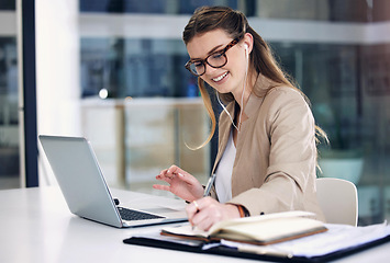 Image showing Laptop, writing and business woman listening to music, planning and happy mental health in office. Project notes, notebook and professional person on computer, audio tech and podcast for career goals