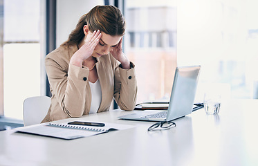 Image showing Headache, stress and woman in business, working at computer, desk with pain or corporate office of lawyer. Exhausted, burnout and anxiety in legal, law firm or employee frustrated with mistake