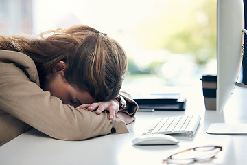 Image showing Tired business woman, sleeping and desk in burnout, stress or mental breakdown at office. Exhausted female person or employee resting head on table in depression, anxiety or overworked at workplace