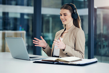 Image showing Video call, laptop or happy businesswoman in online meeting or virtual conference for consulting in office. Headphones, explain or girl consultant in webinar communication, talking or conversation