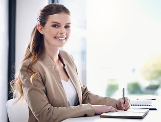 Image showing Planning, portrait or happy woman with a notebook for a schedule, agenda or reminder in office. Ideas, notes or event planner writing in a journal to remember a task, memory or plan for a project