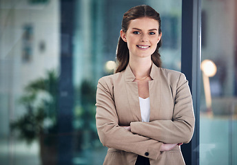 Image showing Arms crossed, smile or portrait of businesswoman with confidence, happy face or empowerment. Startup, confident or proud female employee smiling with positive mindset or optimistic attitude in office