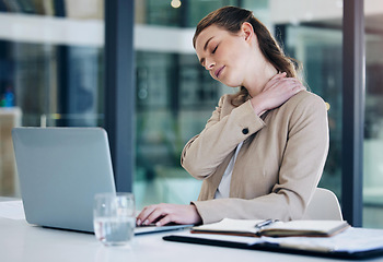 Image showing Neck pain, laptop and business woman stress, online mistake or Human Resources error, problem and payroll crisis. Fatigue, sad or spine problem of HR person on her computer for planning or schedule