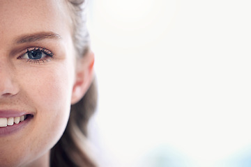 Image showing Happy woman, face and teeth for dental care on mockup space in healthcare or wellness at hospital. Portrait of female person smile for tooth whitening, oral or mouth and gum care on mock up at clinic