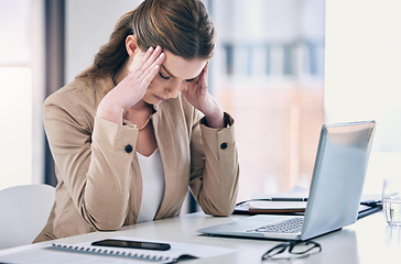 Image showing Woman, headache and stress in business, working at computer, desk with pain or corporate office of lawyer. Exhausted, burnout and anxiety in legal, law firm or employee frustrated with mistake