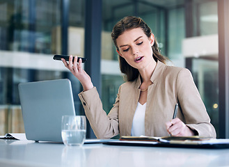 Image showing Employee, phone call and woman writing, speaker and connection with laptop, conversation and advertising agency. Female person, administration or sales agent with a smartphone, discussion or notebook