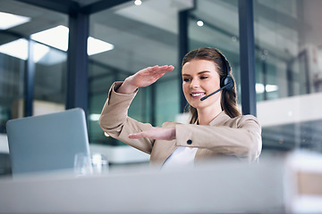 Image showing Happy woman, laptop and call center with headphones in customer service, support or meeting at office. Female person, consultant or agent explaining in online virtual telecommunication at workplace