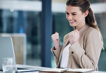 Image showing Winner, laptop and business woman success, yes and celebration for online news, email and job opportunity. Bonus, sale and excited professional person celebrate goals or target on computer in office