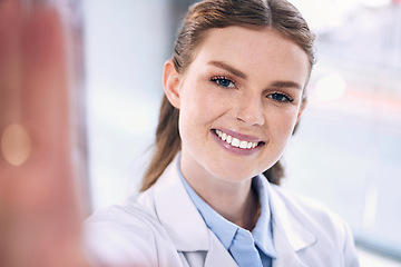 Image showing Happy woman, doctor and portrait in selfie for picture, memory or photo of doctor at hospital. Female person, medical or healthcare professional smile with teeth for vlog, dental care and wellness