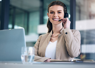 Image showing Portrait, call center and woman with a smile, customer service or consultant with a laptop, headphones and crm. Face, female person or representative with headset, pc or telemarketing with connection