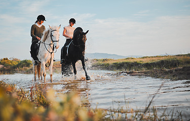 Image showing Horse riding, friends and girls at lake in countryside with outdoor mockup space. Equestrian, happy women and animals in water, nature and adventure to travel, journey and summer vacation together.