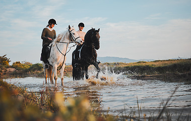 Image showing Horse riding, friends and women at lake in countryside with outdoor mockup space. Equestrian, happy girls and animals in water, nature and adventure, travel and journey for summer vacation together.