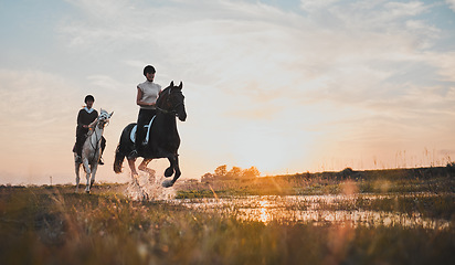 Image showing Horse riding, friends and girls in countryside at sunset with outdoor mockup space. Equestrian, happy women and animals in water, nature and adventure to travel, journey and summer vacation together.