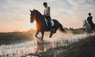 Image showing Adventure, horse riding and sunset with water or girl for travel in summer or weekend in field. Female rider, vacation and animal in river is happy with equestrian or stallion with sunshine, nature.