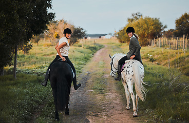 Image showing Horse riding, friends and portrait of women in countryside outdoor for freedom. Equestrian, happy girls and animals in field, nature and adventure to travel, journey and vacation in summer together.