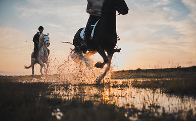Image showing Horse riding, friends and women in countryside at sunset with outdoor mockup space. Equestrian, happy girls and animals in water, nature and adventure to travel, journey and summer vacation together.