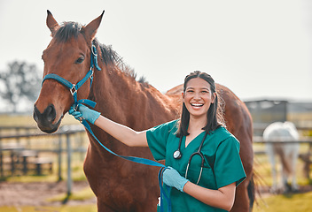 Image showing Horse, woman veterinary and portrait outdoor for health and wellness in the countryside. Happy doctor, professional nurse or vet person with an animal for help, healthcare and medical care at a ranch