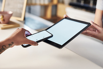 Image showing Woman, hands and mockup screen for payment, ecommerce or tap in electronic purchase at cafe. Hand of female waitress and customer phone, tablet or technology display for fintech transaction in shop