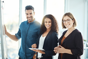 Image showing Tablet, whiteboard and portrait of happy business people planning strategy, ideas or online advertising. Professional innovation, team discussion and office group working on startup, design or report