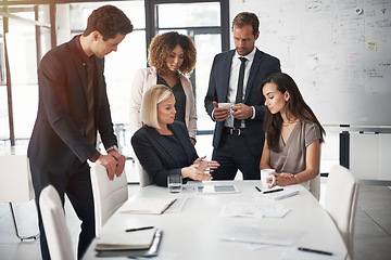 Image showing Business people, meeting with coffee and planning idea in collaboration for training on project proposal. Teamwork, strategy and workshop, career men and women with target management in modern office