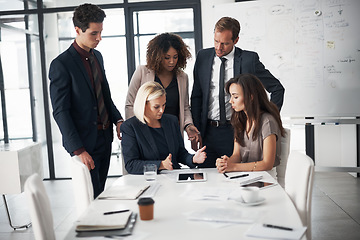 Image showing Business people, meeting with tablet, coaching and planning ideas in collaboration on project proposal. Teamwork, strategy and training workshop, men and women with target management in modern office