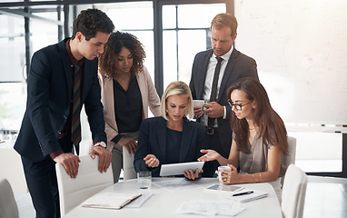 Image showing Business people, corporate meeting with tablet and planning ideas in collaboration on project proposal. Teamwork, strategy and b2b workshop, men and women with target management in happy office.