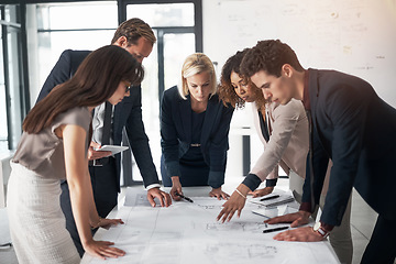 Image showing Business people, architect and blueprint in meeting, collaboration and planning for strategy at office. Group of contract engineers in teamwork, floor plan or documents for industrial architecture