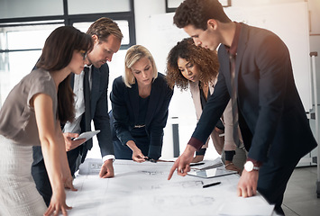 Image showing Business people, architect and blueprint layout in meeting collaboration or planning strategy at office. Group of engineers in teamwork discussion, floor plan or documents for industrial architecture