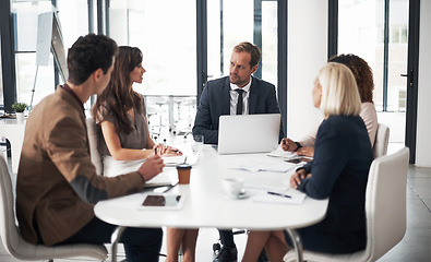 Image showing Business meeting, group of people with laptop and ideas in collaboration on project proposal or pitch. Teamwork, strategy and planning, team of men and women with target management in modern office.