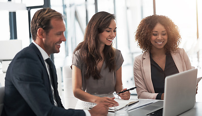 Image showing Business people, coaching and mentorship with laptop, research and ideas in collaboration on project report. Teamwork, support and brainstorming, happy man and women with target training in office.