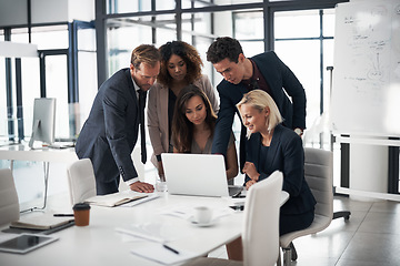 Image showing Meeting, business people with laptop and training for ideas in collaboration on target proposal or pitch. Coaching, strategy and planning, team of men and women with project manager in modern office.