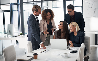 Image showing Business people, meeting and pitch with ideas, planning and collaboration on project proposal. Teamwork, job strategy and presentation workshop, men and women with target management in modern office.