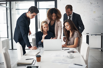 Image showing Coaching, business people and meeting with laptop, planning and idea in collaboration on project proposal. Teamwork, opinion and online workshop, men and women with target management in modern office