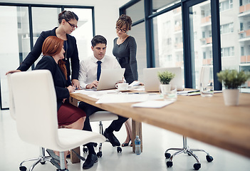 Image showing Discussion, meeting and business people in the office planning, brainstorming and doing research. Teamwork, professional and group of designers working on a project in collaboration in the workplace.