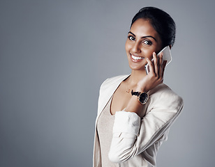 Image showing Phone call, portrait and business woman in communication, conversation or contact with client, customer and corporate job. Talking, Indian professional and crm with mobile for b2b, work or discussion
