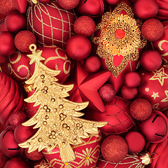 Image showing Christmas Tree and Red Gold Bauble Ornaments
